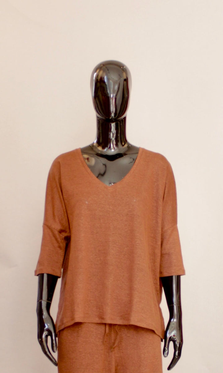 Lin t-shirt i Mørkebrun